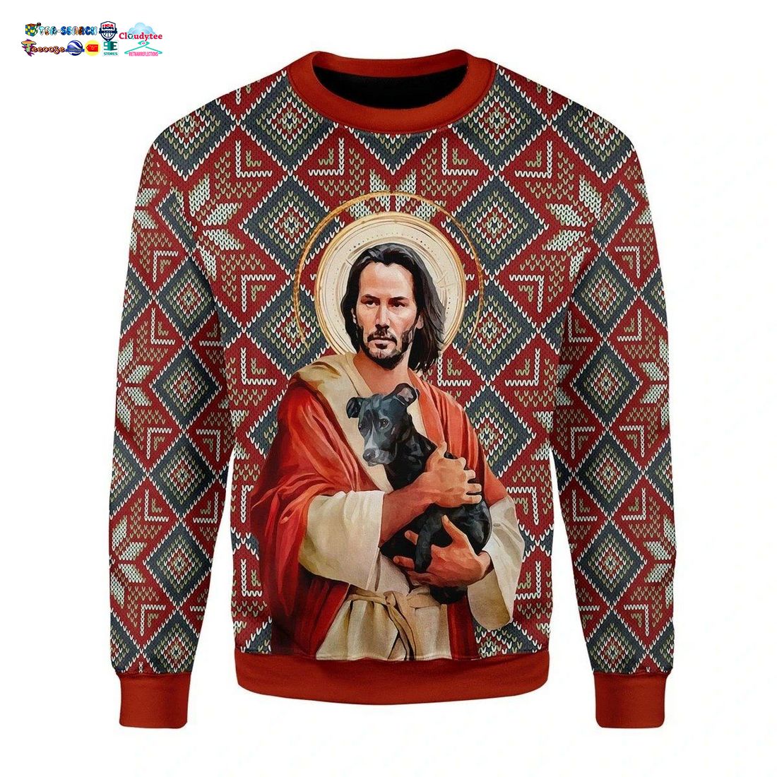 Jesus Keanu Reeves With Dog Ugly Christmas Sweater - Trending picture dear