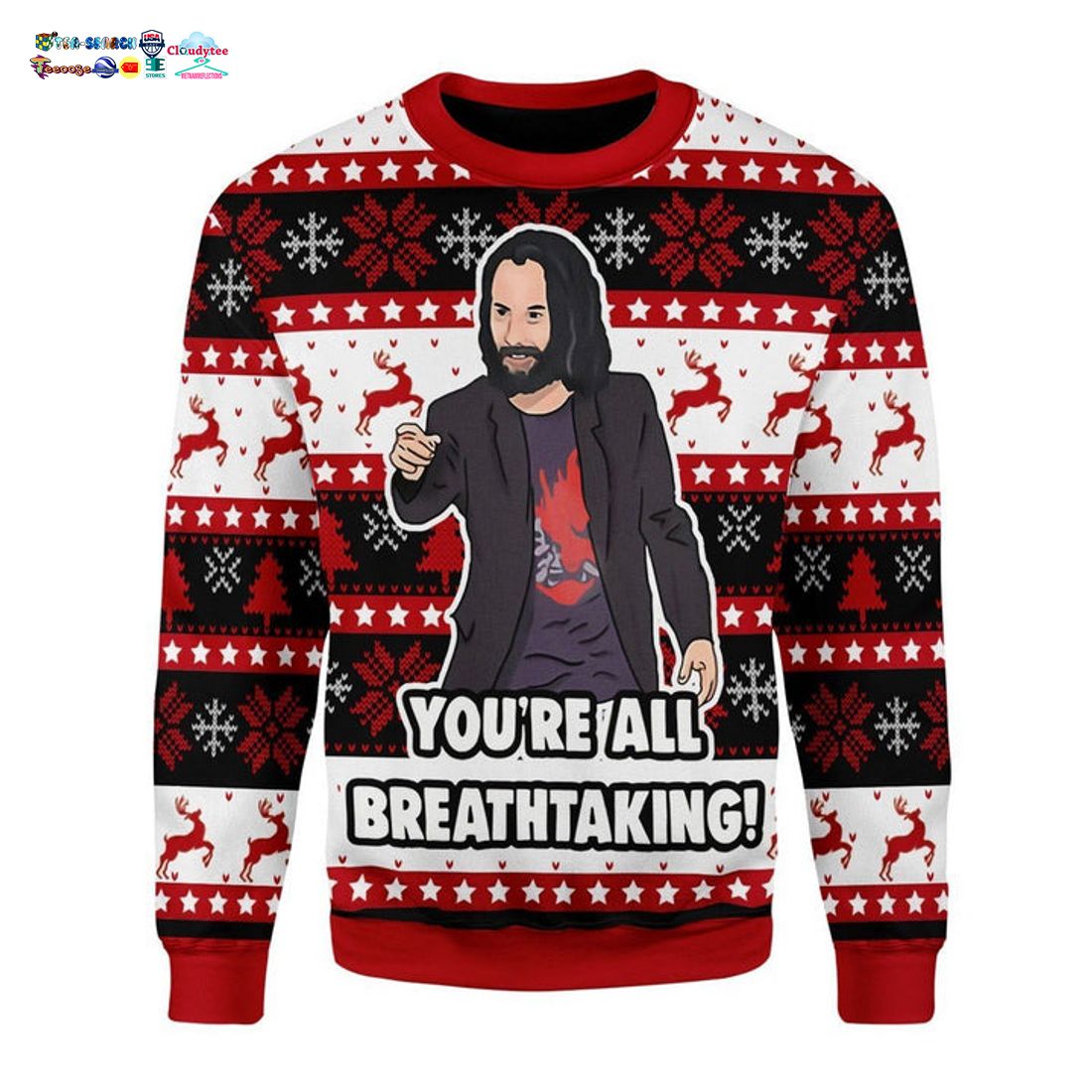 Keanu Reeves You’re All Breathtaking Ugly Christmas Sweater