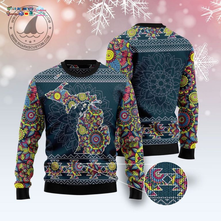 Michigan Mandala Ugly Christmas Sweater - Two little brothers rocking together