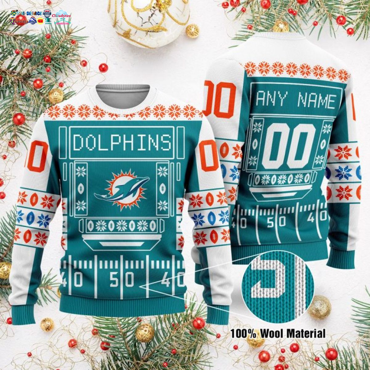 Personalized Miami Dolphins Ugly Christmas Sweater