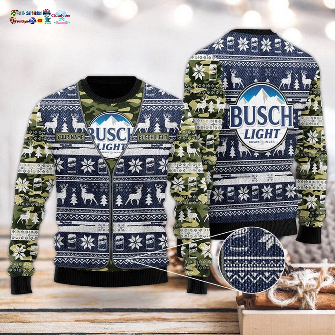 Personalized Name Busch Latte Camo Blue Ugly Christmas Sweater