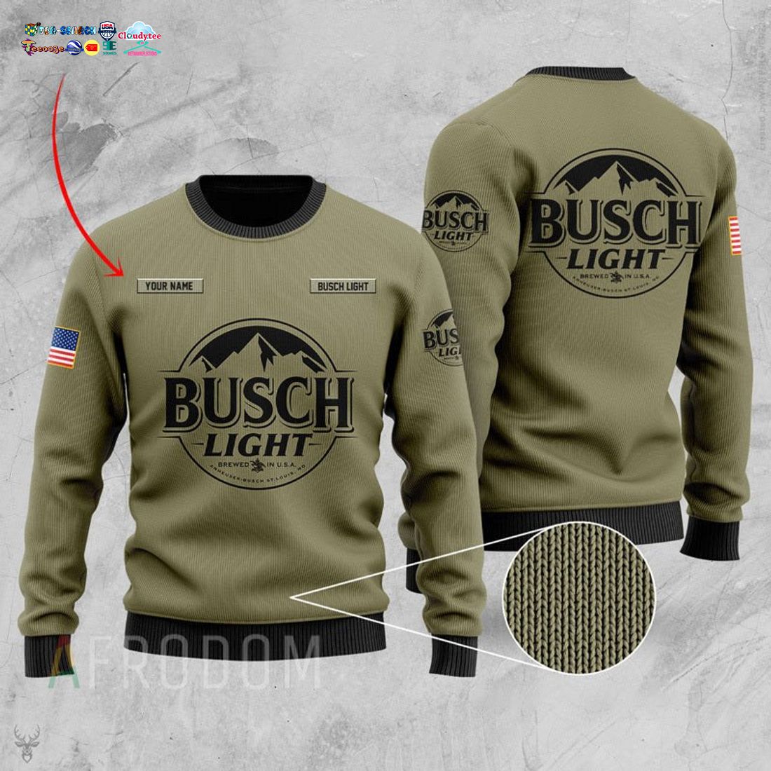 Personalized Name Busch Light American Flag Ugly Christmas Sweater