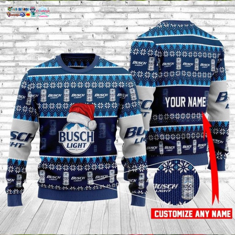 Personalized Name Busch Light Santa Hat Ugly Christmas Sweater