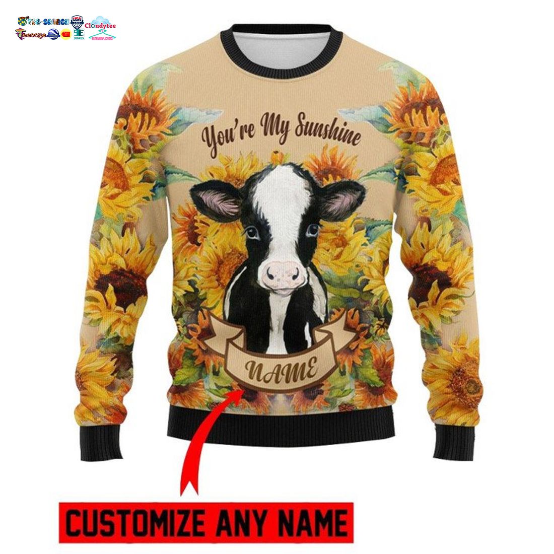 Personalized Name Cow You're My Sunshine Ugly Christmas Sweater