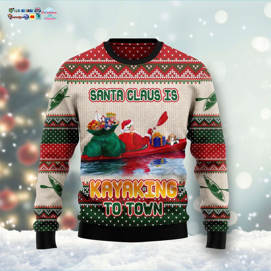 Santa Claus Is Kayaking To Town Ugly Christmas Sweater