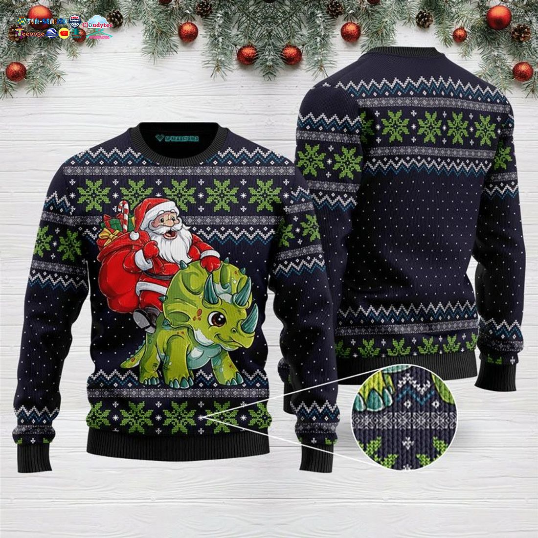 Santa Dinosaur Triceratops Ugly Christmas Sweater