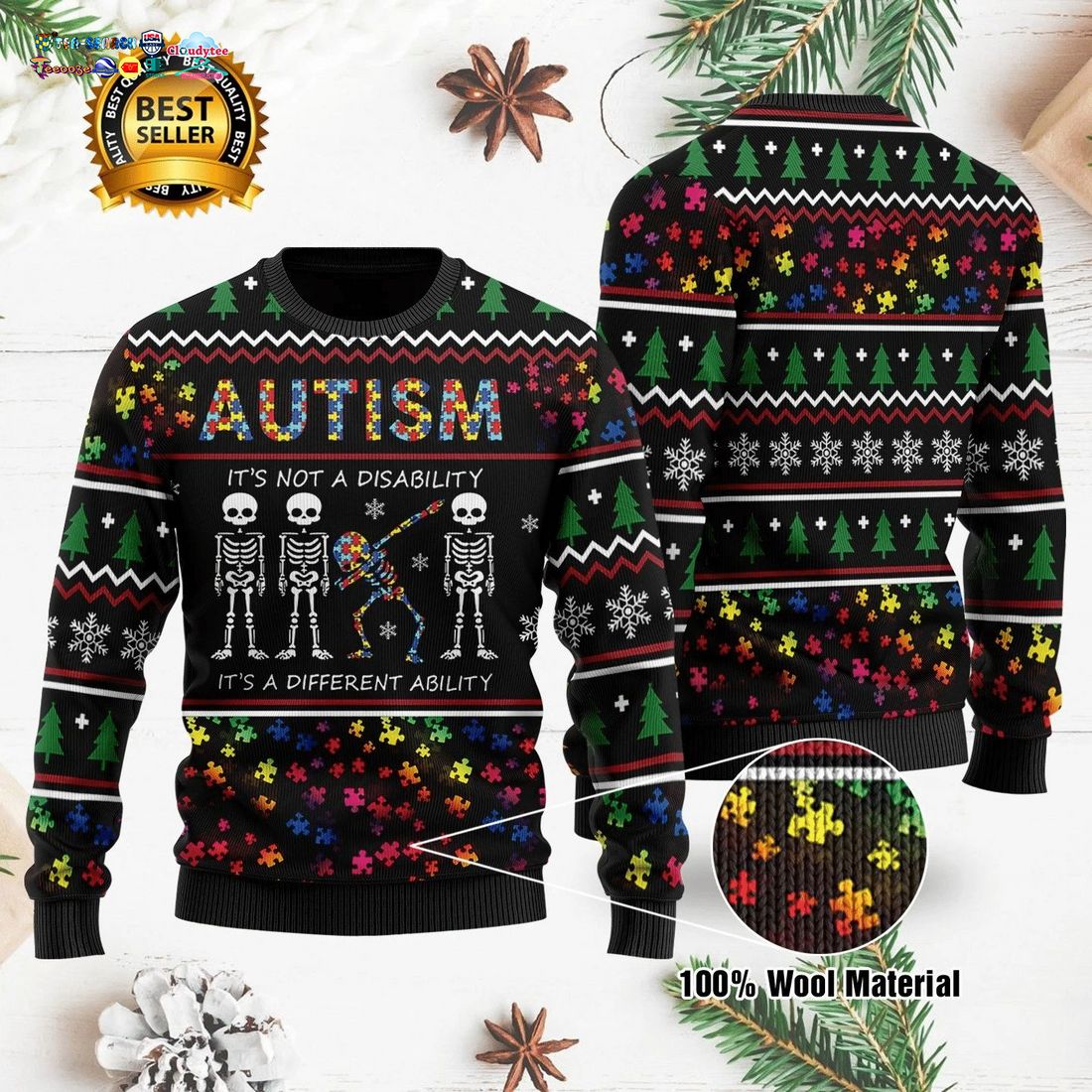 Skeleton Autism It’s Not A Disability Ugly Christmas Sweater