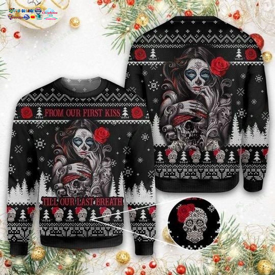 Skull Day Of The Dead From Our First Kiss Ugly Christmas Sweater