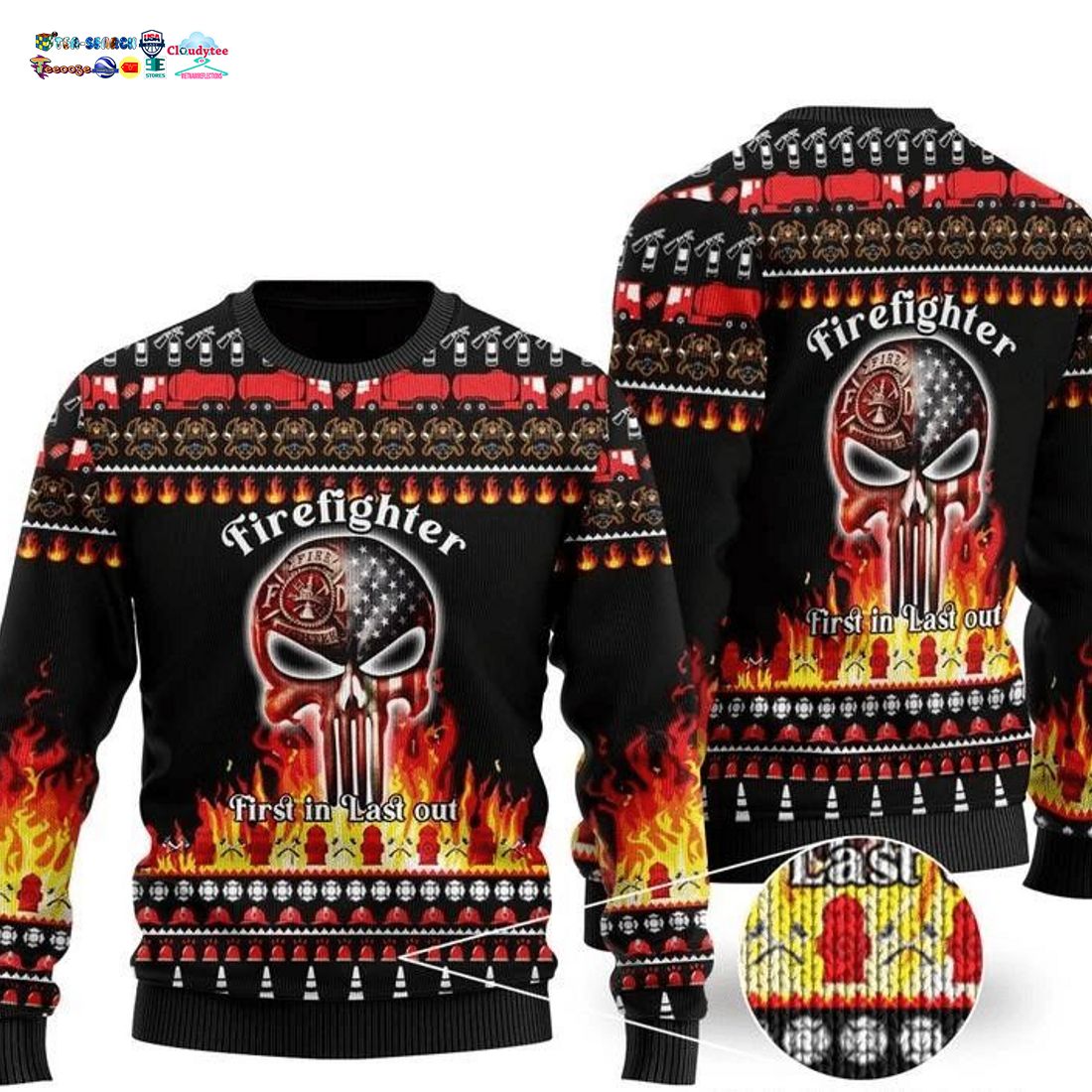 Skull Firefighter First In Last Out Ugly Christmas Sweater
