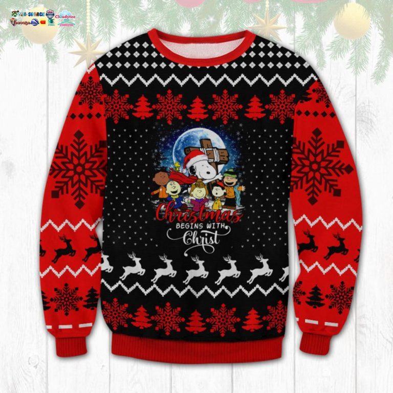 Snoopy Christmas Begins With Christ Ugly Christmas Sweater - Sizzling