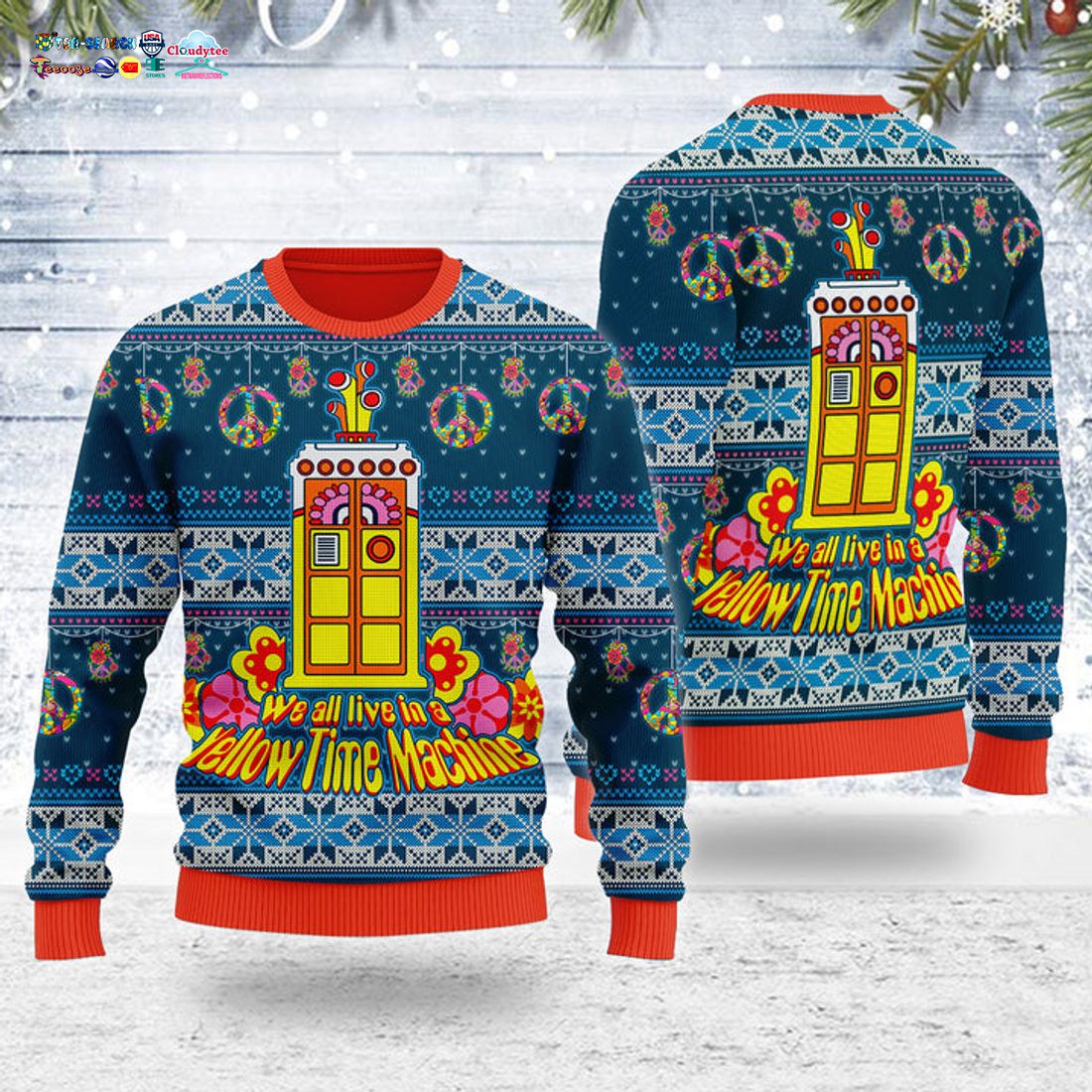 We All Live In A Yellow Time Machine Ugly Christmas Sweater