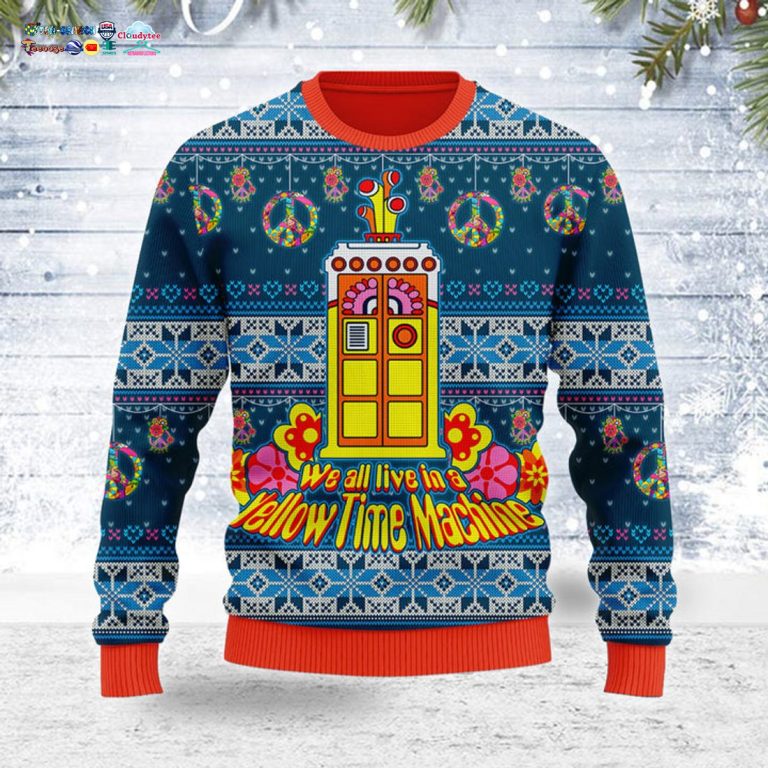 We All Live In A Yellow Time Machine Ugly Christmas Sweater - Looking so nice